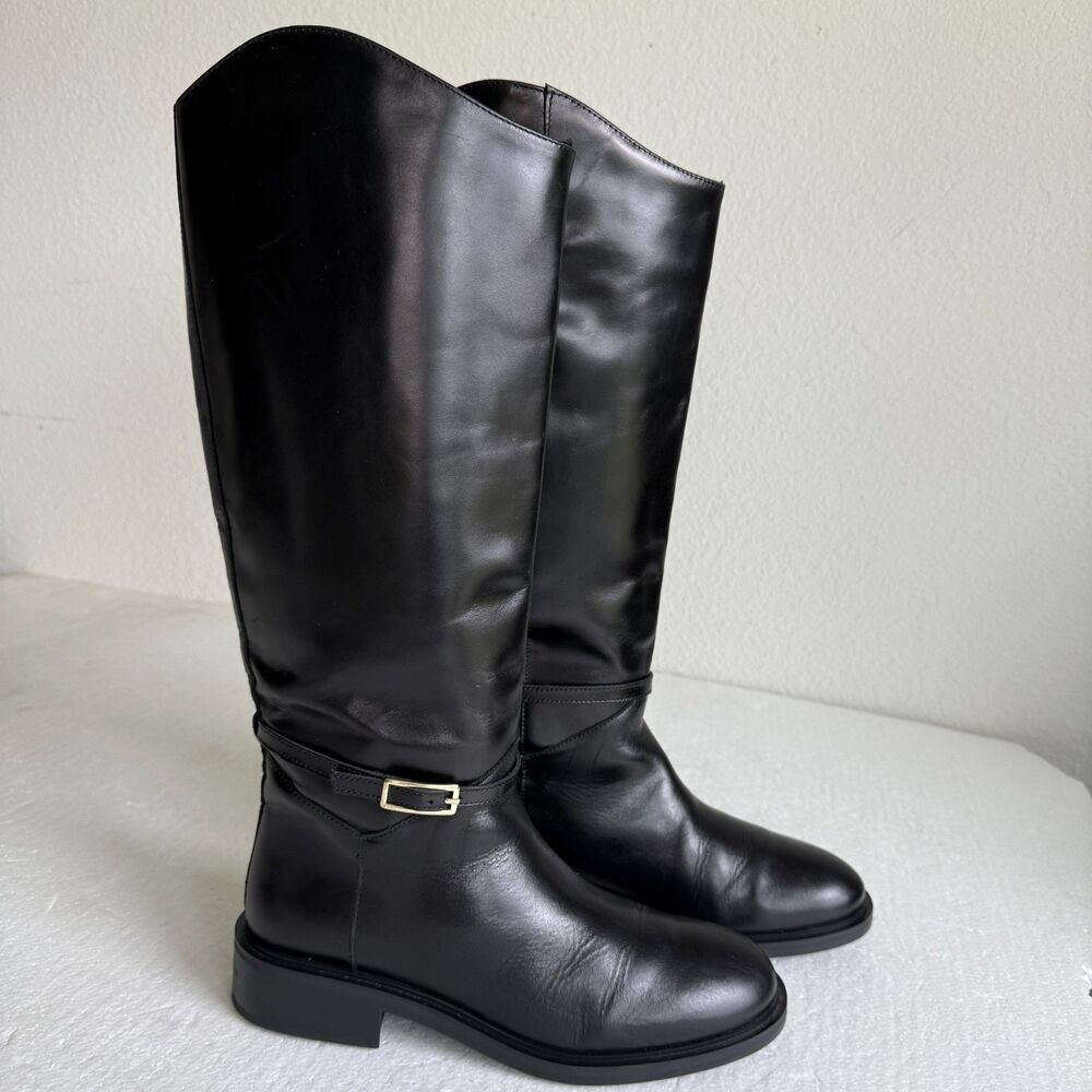 Mango MNG Women's Riding Style Black Leather Buckles Boots Size EU 40 US 9-9.5